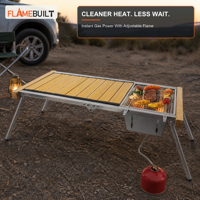 Table de camping pliante en acier inoxydable FLAMEBUILT avec gril à gaz 100 cm, plateau modulaire IGT, pieds en aluminium à commande par cadran, cuisine