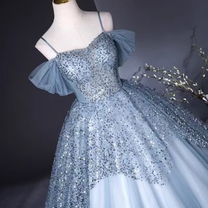 Elegant Light Blue Sequin Evening Gown With Puffy Skirt For Stage Performance Women Adult Size 12-17 - Product Image 1
