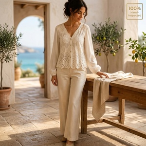 Áo sơ mi nữ Pháp cổ V ren hoa phối ren tay phồng dài cài nút kiểu cardigan thanh lịch, áo kiểu thường ngày - Product Image 1