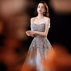 Elegant Off The Shoulder Glitter Chiffon A Line Evening Dress Grey Empire Waistline For Banquets Birthday Parties Princess Style - Product Image 3