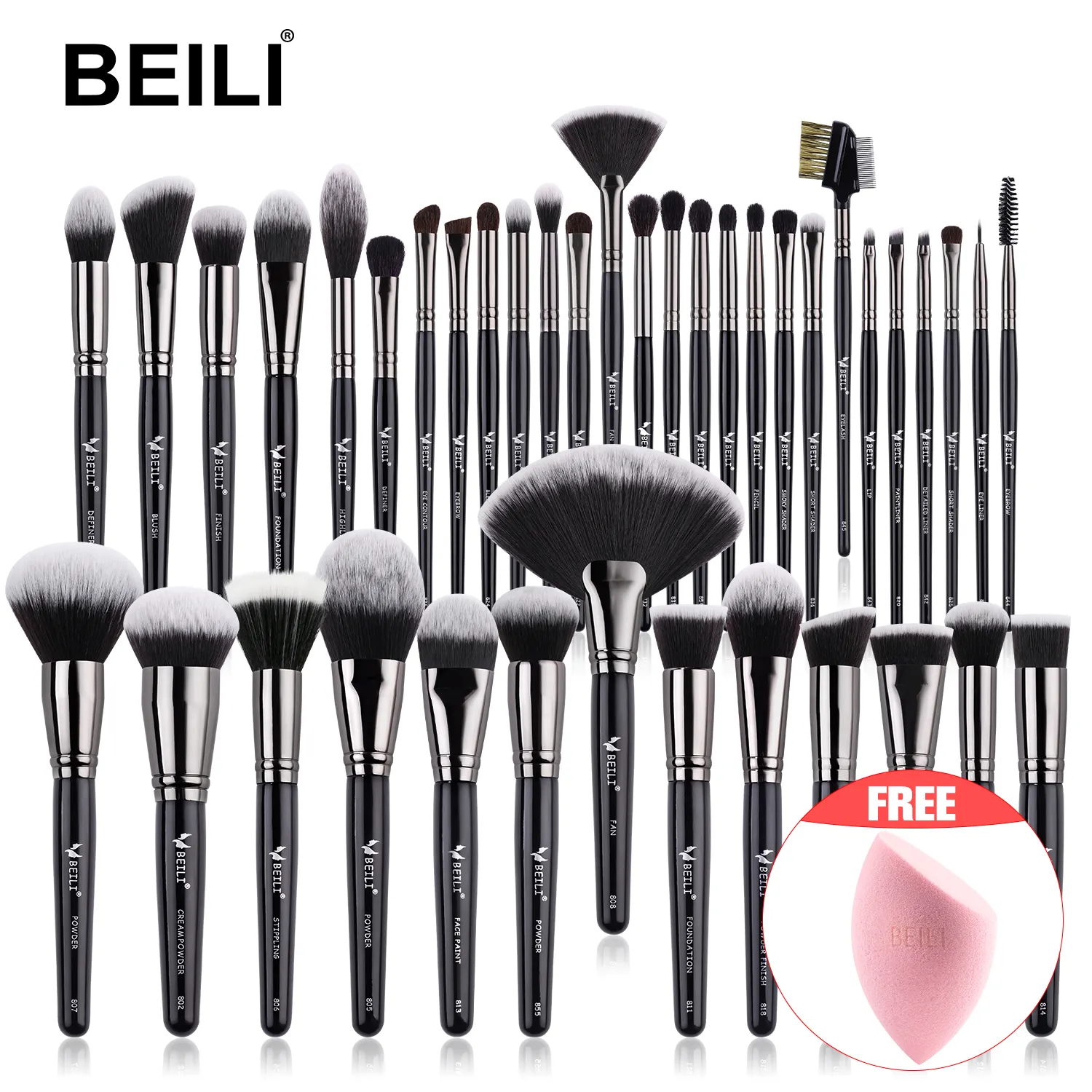 BEILI Black Customized Logo Professional Personalized 40Pcs Makeup Brushes Goat Synthetic Hair Powder Blush Cosmetic Brush Set