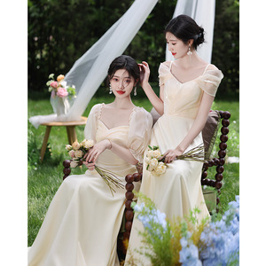 Champagne Satin Bridesmaid Dress A-Line Sweetheart Neckline Natural Waist Spandex Fabric Evening Gown for Wedding Party - Product Image 3