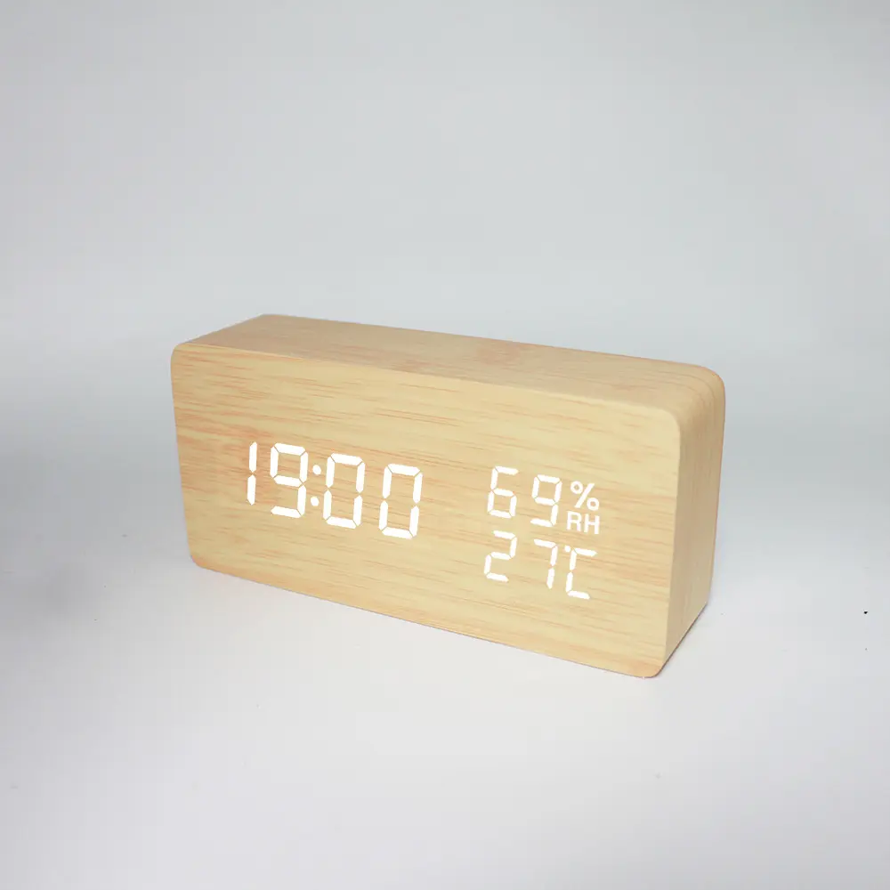 Modern Multifunctional Desktop Electronic Triangle Table Wooden LED Digital Alarm Clock With Temperature Humidity