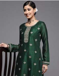 Nouveau Style Moderne Femmes Agrémenté Droite Kurta Vert Soie Mélange Tissu Dernier Design Ethnique Costume pour les Occasions Spéciales - Product Image 3