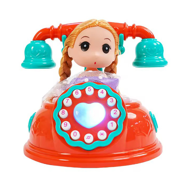 Children Cartoon B/O Multifunctional Red Plastic Simulation Telephone Landline Toys with Princess Doll Light & Sound
