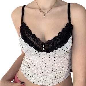 حلوة وبحار نمط البولكا نقطة المطبوعة الدانتيل مطرزة زر حبال النساء الأساسية ضئيلة تناسب سترة قصيرة - Product Image 4