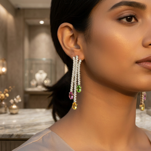Pendientes de Lujo para Mujer con Perlas de Agua Dulce Plateadas, Cristales de Esmeralda y Borlas de Diamantes de Imitación, Joyería de Moda para Bodas - Product Image 3