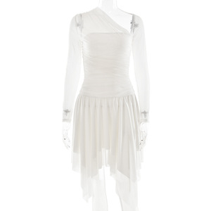 Asymmetrical Mesh <b>Patchwork</b> Ruffled Irregular Waist Cinching Dress Full Sleeve Translucent Evening Dress - Product Image 5