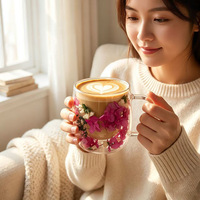 Mug à café en verre 9-12oz, forme ovale, double paroi, motif floral - Tasse isolante en borosilicate pour boissons chaudes et froides, maison et bureau