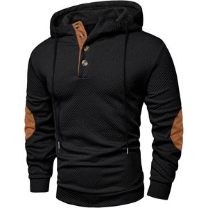FOXA <b>Men's</b> Hooded Sweatshirt Cotton Textured Long Sleeve Half Button <b>Pullover</b> Breathable Casual Wear - Product Image 1