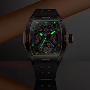 BG5501 montre allemande squelette mécanique automatique pour hommes résistant à l'eau lumineux en forme de tonneau cristal saphir incurvé - Product Image 4