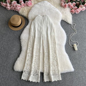 <span class=keywords><strong>Pantalones</strong></span> de pierna ancha de encaje sueltos de cintura alta transparentes <span class=keywords><strong>calados</strong></span> retro para mujer moda - Product Image 2