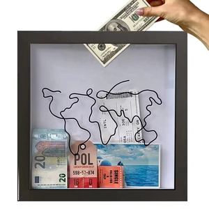 Tirelire Thème Voyage avec Cadre Photo en Bois Gris, Emplacement pour Pièces de Monnaie, Décoration Carte du Monde, Cadeau de Remise de Diplôme, Décoration Maison, Vente en Gros OEM ODM - Product Image 1