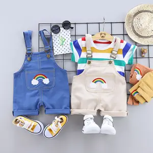 New Summer Little Baby Angel wings Short T-shirt and Denim Suspender Outfit Cute Kids Clothing Set