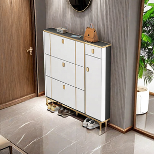 Mobiletto Portascarpe Sottile Scanalato per Ingresso, Bianco Crema, con Cassetti Ribaltabili, Organizzatore Salvaspazio per Corridoio con Dettagli Dorati - Product Image 3