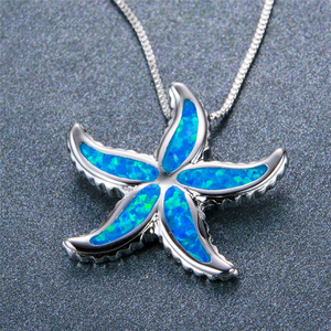 Lindo colgante de estrella de mar azul ópalo de fuego piedra estrella de mar collares para mujeres Vintage Color plata caja cadenas collar joyería de boda - Product Image 2