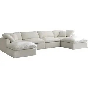 Sofá-cama branco luxuoso moderno em forma de U, sofá-cama modular em tecido de linho, tecido para sala de estar