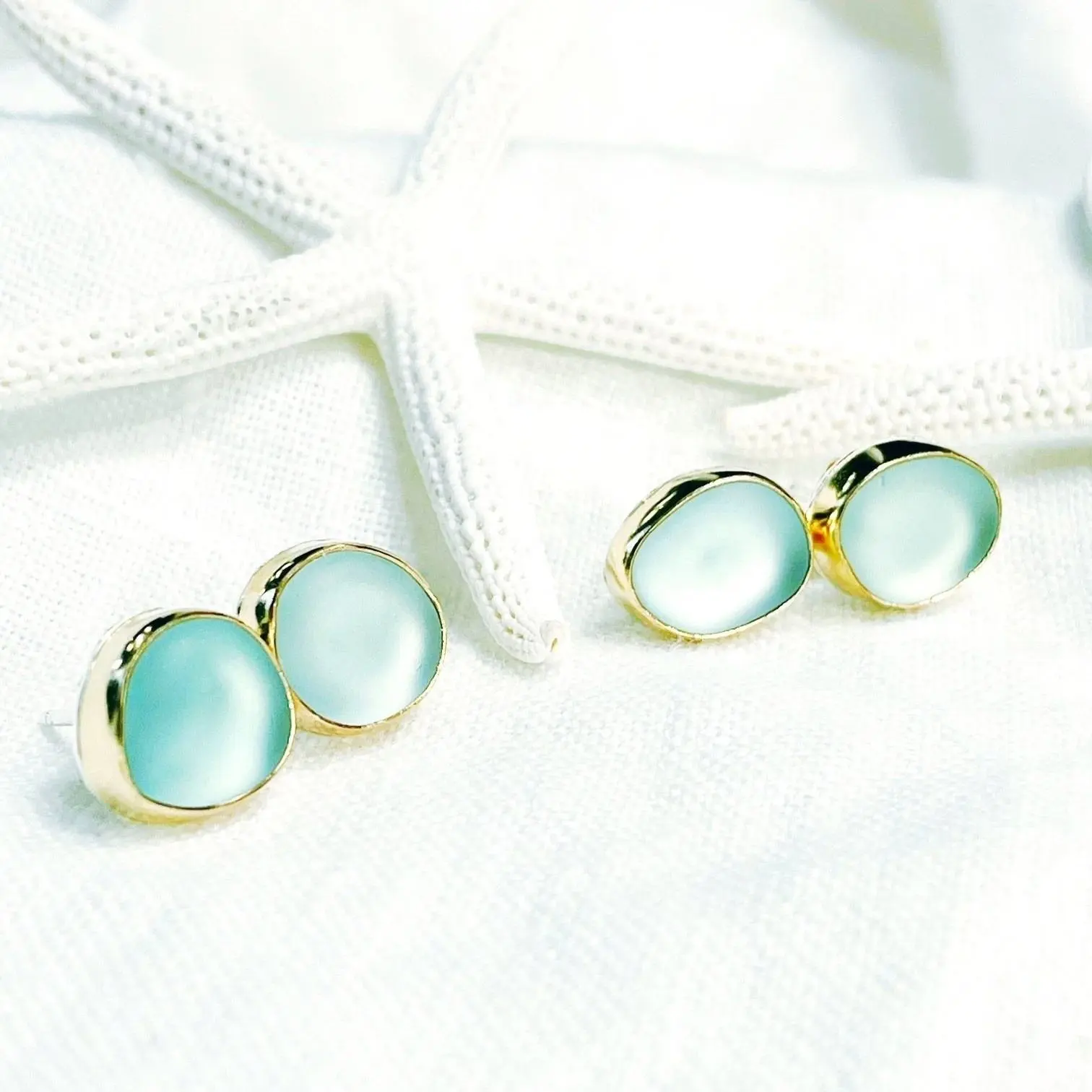 Summer Beach Journey Organic Shape Teardrop Sea Glass Bead Sea Glass Stud Earrings Jewelry
