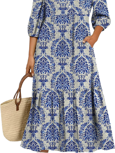 Women <b>Summer</b> <b>Boho</b> Maxi <b>Dress</b> 3/4 Puff Sleeve O-Neck Paisley Print Cotton Loose Fit With Pockets Layered Hem Casual Daily Wear - Product Image 1