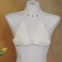 Ensemble trois pièces en crochet pour femme, haut de bikini et jupe en tricot avec fleurs 3D, vêtements de plage ajourés