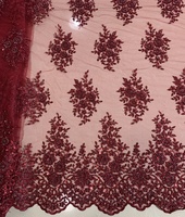 Tela de Tul Tejida de Diseño, Color Granate, con Lentejuelas Bordadas a Máquina, para Accesorios de Boda y Textiles para el Hogar