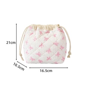 Pochette à maquillage matelassée à cordon pour femmes, imprimé floral avec nœud, trousse de toilette douce de grande capacité, sac de rangement de voyage - Product Image 2