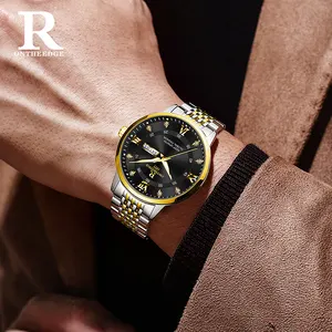 R ONTHEEDGE Luxury Rome Face Men's Quartz Wristwatch Waterproof Luminous Business Men Watch With Stainless Steel Dual Calendar