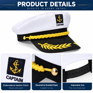 Cappello da Capitano Personalizzato con Logo, Berretto da Marinaio Bianco Unisex, Copricapo da Capitano di Nave per Halloween, Matrimoni, Cosplay e Feste a Tema - Product Image 3