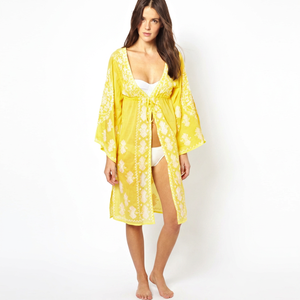 Perfect Elegant Stunning Yellow <strong>White</strong> Embroidery Front Tie Drawstring Wide Bell Sleeves Swim Women Cover up <strong>Kimono</strong> Wrap Caftan - Product Image 1