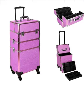 Rolling Makeup trolley Case Professional Lock Train Case Cosmetic Trolley Case With Sliding Drawer Organizer and Wheels Red Alum