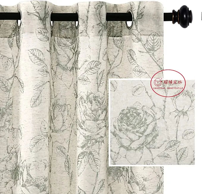 Luxury Pattern Printed 100% Linen Fabric Rod Pocket Sheer Curtain