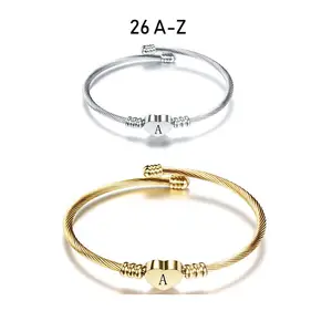 Hot Bán Xu Hướng Thép Không Gỉ 26 Bảng Chữ Cái Xoắn Mở Cuff Cable Dây Tim Thư Bracelet Bangle