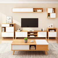 Ensemble de salon moderne en bois lumineux avec console TV, étagères flottantes, buffets et table basse – Rangement écoresponsable