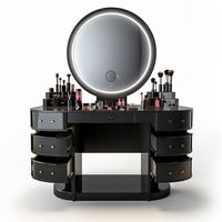 Coiffeuse de chambre moderne en bois massif noir antique avec miroir éclairé réglable et tiroirs – Meuble de maquillage