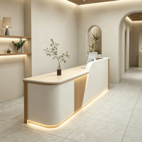 Bureau d'accueil moderne et minimaliste avec bande lumineuse LED, comptoir en bois cannelé pour salon de beauté, spa, hôtel, bureau