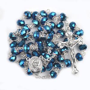 블루 크리스탈 비즈 예루살렘 십자가 묵주 종교적 성스러운 흙 메달 가톨릭 묵주 캡 링크 체인 목걸이 완벽한 선물 - Product Image 3