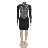 Robe moulante en maille à strass à manches longues pour femme, mini-robe de soirée transparente à col montant pour club et boîte de nuit C6915