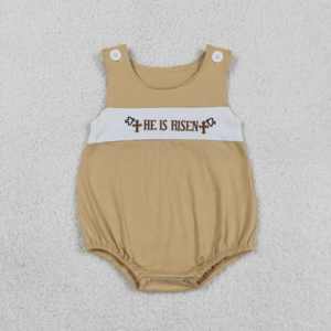 SR3547 RTS Pelele de bebé marrón con bordado 'he is risen' para niños, al por mayor, de manga corta, tipo burbuja para niña - Product Image 1