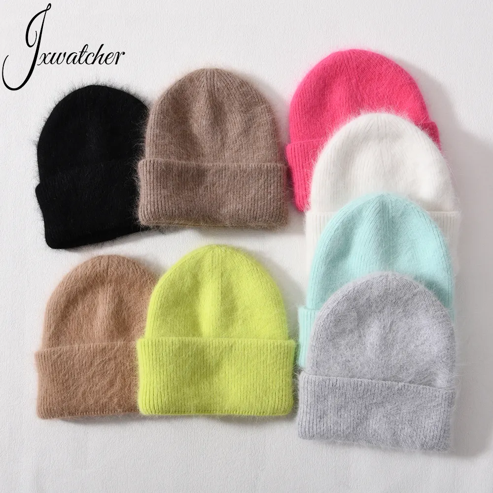 Wholesale Custom High Quality Cashmere Beanie Knit Hat Long Hair Thick Warm Fluffy Winter Unisex Beanie Cap