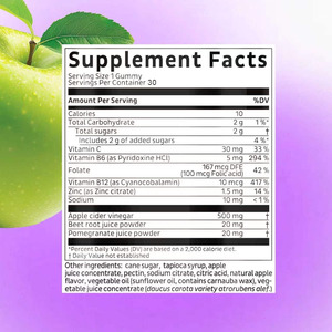 Gomitas Veganas de Vinagre de Sidra de Manzana para Mejorar la Energía, Más Vendidas, Suministro para 1 Mes, con Folato y Zinc, Gomitas Quemagrasas - Product Image 2