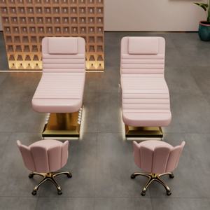 Luxurious Modern 3 Motors Electric Reclining Facial Spa Bed <b>Stool</b> <b>Pink</b> Leather Salon Foot Control with Gold Base Massage Table - Product Image 4