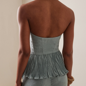 2027 Artistic Pleated Strapless Peplum <strong>Top</strong> <strong>Women</strong> Dusty <strong>Teal</strong> 3D Giant Floral Applique Asymmetrical Ruffle Hem Back Zip Blouse - Product Image 3