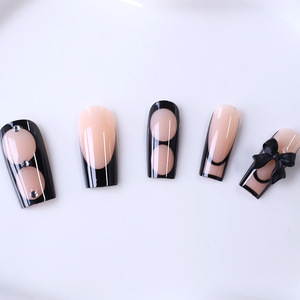 Unghie Finte Lunghe Nere Stile Gotico Sexy con Fiocco Circolare e Strass, Vendita all'Ingrosso con Confezioni OEM/ODM - Product Image 3