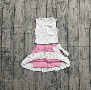 GSD3479 CUSTOM Petite fille active, tenue décontractée rose, nœuds, imprimé à carreaux, coton et élasthanne, vêtements pour enfants en gros, ensemble jupe à manches longues, enfant - Product Image 2