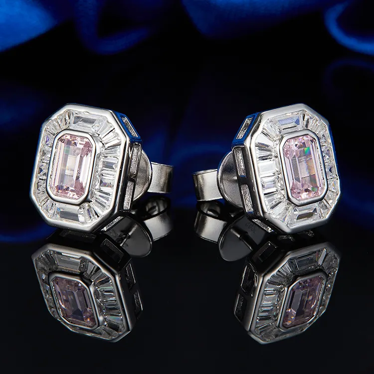 Leaye Fashion Jewelry orecchini in pietra rosa orecchini a bottone in argento Sterling 925 con zirconi cubici