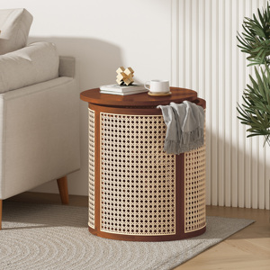 Round End Table Hollow Woven Rattan Wood Top Small Side Table For Living Room - Product Image 1