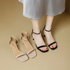 Sandalias de Tacón para Mujer, Punta Cuadrada, Tacón Medio, Tacón Delgado, Correa Trasera con Hebilla, Elegantes, a la Moda, Color Sólido, Forro de PU - Product Image 1
