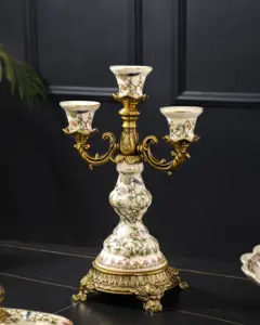 China Manufacture Uzbek Luxury Colorful Bird Flower Porcelain Brass Candle Holder For Decoration Ceramic Ornament