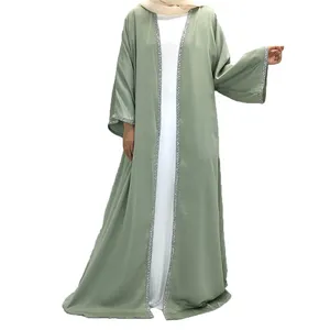 ชุดอาบายะห์ดูไบ2ชิ้นหรูหราสำหรับชาวอิสลาม Qatar ชุดกิโมโนผ้าซาตินมุสลิมชุดอาบายาแต่งด้วยเม็ดเพชร
