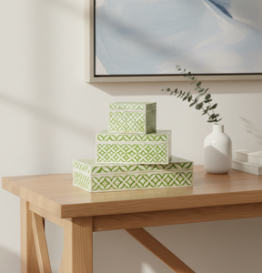 กล่องใส่เครื่องประดับทำมือฝังกระดูก ขนาดสั่งทำพิเศษ - ลายดอกไม้เรขาคณิตสีเขียวมะนาว กล่องเก็บของตกแต่งแบบซ้อนได้ - Product Image 2